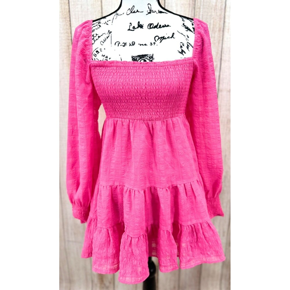 Urban Outfitters Size Small River Smock Long Sleeve Mini Dress‎ Pink Barbiecore